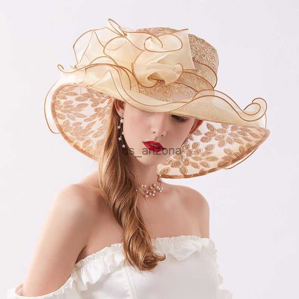 

new summer women organza kentucky derby wide brim travel sun hats elegant flowers ladies wedding church party fedoras hat l230620, Blue;gray
