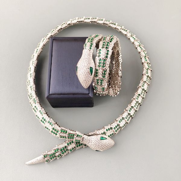 

designer collection style thick bracelet necklace settings green zircon diamond snake serpent dinner party choker bangle jewelry sets, Silver