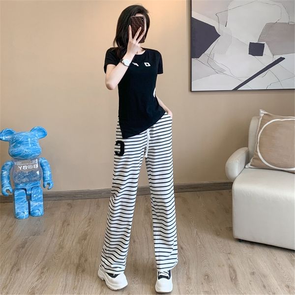 

2023 women's new slim running casual wear black striped pants two piece set, White
