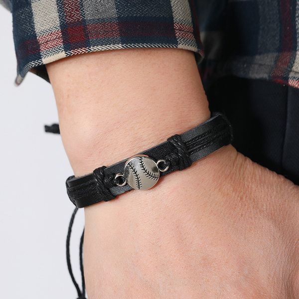 

simple hand woven black leather bracelet alloy baseball fan bracelet, Golden;silver