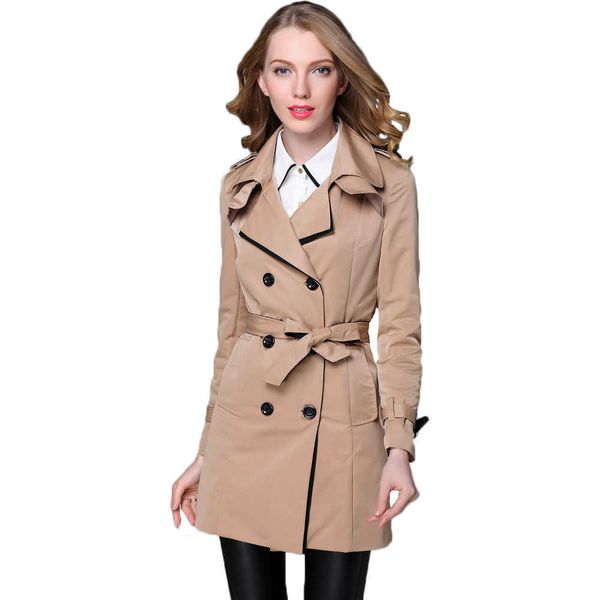 

spring autumn new fashion women's mid length breasted contrast color windbreaker korean fit and slim leather coat biker jacket women647, Black