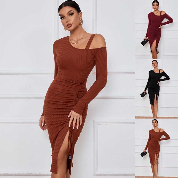 

casual dresse 2023 women's split off shoulder autumn/winter wrap hip long sleeve women's dresses, Black;gray