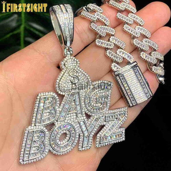 

pendant necklaces new cz letters bag boyz pendant neckle iced out bling 5a cubic zircon dollar symbol money charm fashion hip hop men jewelr, Silver