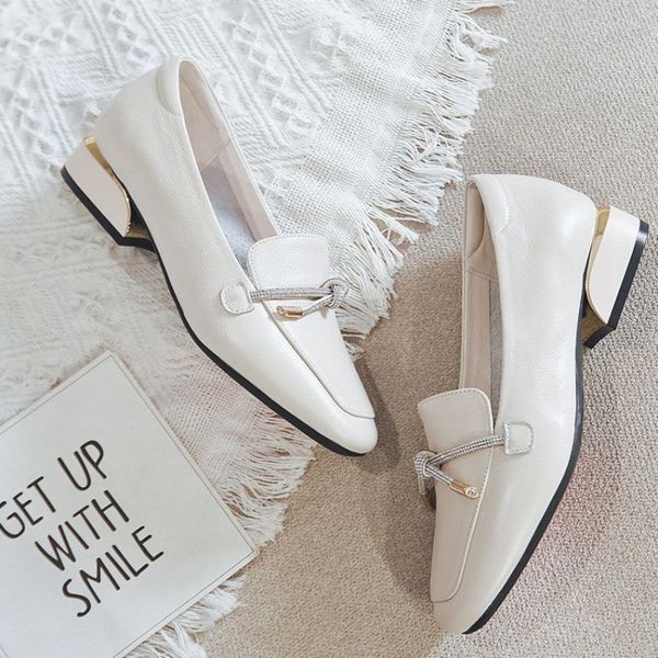 

ladies real leather loafers spring autumn slip-on mid heel shallow square toe shoes female british style office thick heel shoes, Black
