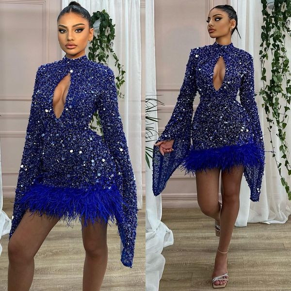 

royal blue glitter cocktail dress long sleeves keyhole neck short prom dresses feathers mini party homecoming special occasion dress, Black