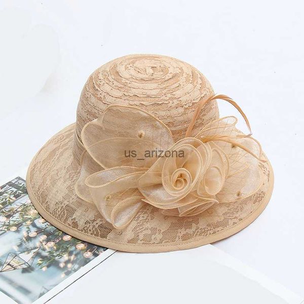 

summer ladies fascinators millinery church hat women elegant lace flowers wide brim bucket hats kentucky derby foldable sun cap l230620, Blue;gray