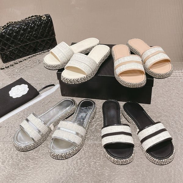 

brand slippers slippers cloth metal standard thick bottom 2023 new genuine leather hemp rope woven flat bottom slippers women's shoe, Black