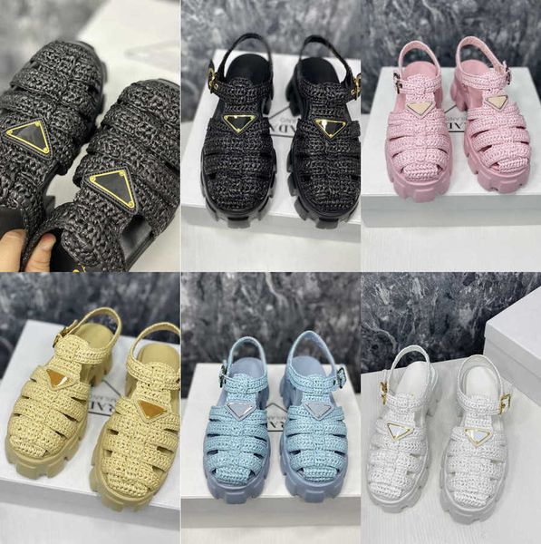 

2023 monolith raffia straw sandals sandali monolith crochet cage gladiator roman tessuto intrecciato retro platform triangle logo sporty pat, Black