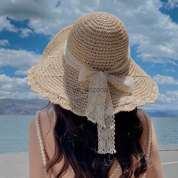 

women summer hat with lace bow simple foldable wide brim floppy girls straw hat sun hat beach women travel hat lady cap l230620, Blue;gray