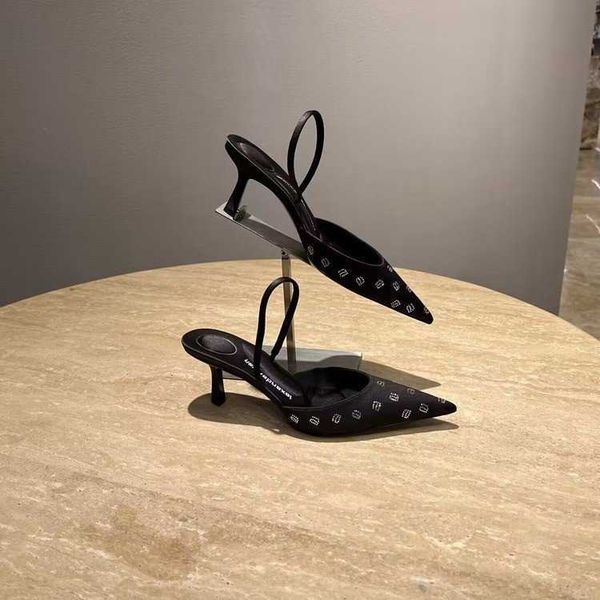 

ladies summer sandals pink muller shoes women's new rhinestone satin high heels with pointed back hollow thin heel 230615, Black