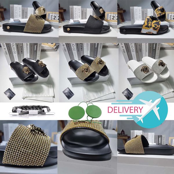 

with box luxury designer slide slippers summer sandals men beach indoor flat flip flops leather lady women fashion classic shoes ladies eur, Black