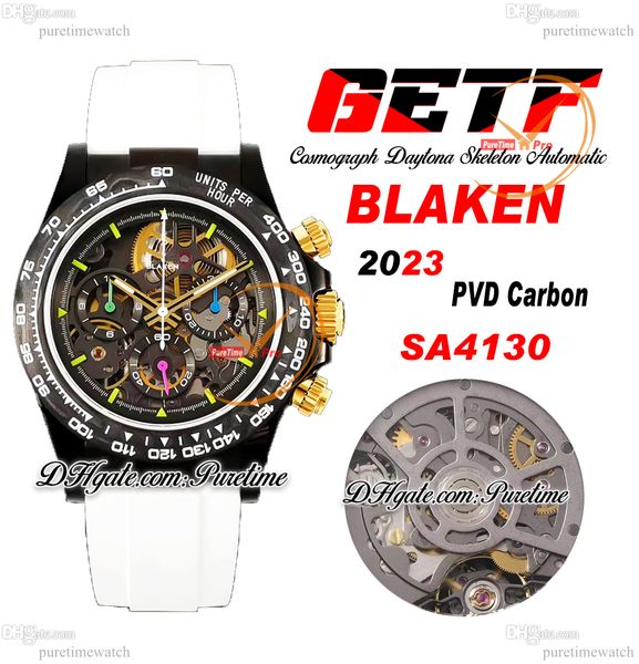 

getf blaken sa4130 automatic chronograph skeleton mens watch pvd carbon bezel candy dial 904l steel white rubber super edition reloj hombre, Slivery;brown