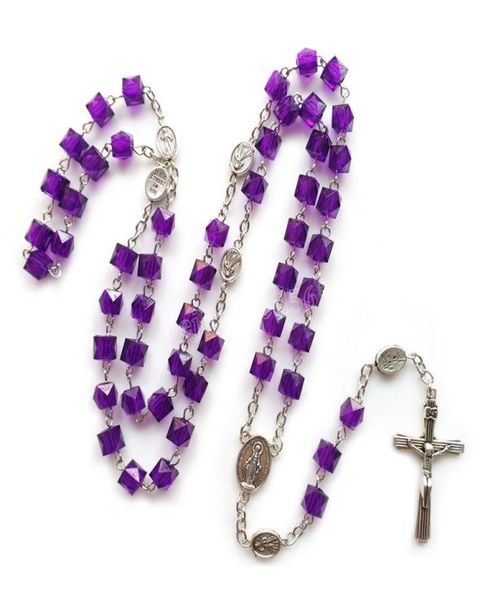 

long purple square acrylic beads rosary cross necklace for men women catholic jewelry6663500, Silver