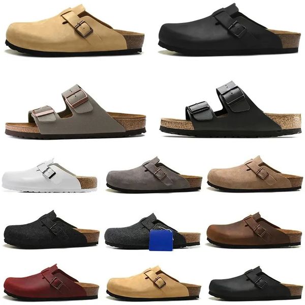 

birks designer slippers men sandals women shoes cork platform shoes leather slipper flat mules suede slides summer shoe buckle flip flops, Black