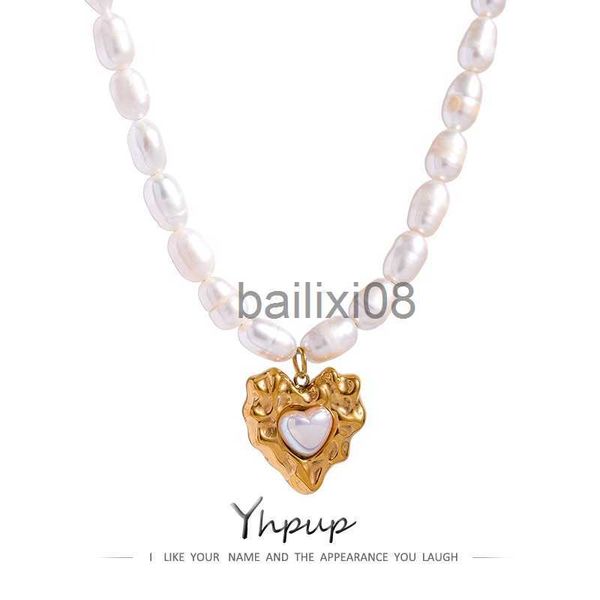 

pendant necklaces yhpup heart pendant collar neckle elegant natural freshwater pearl chain neckle stainless steel jewelry female gift j23062, Silver