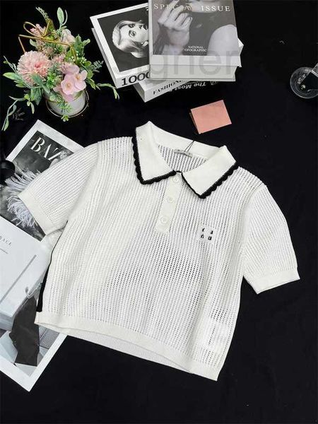 

women's knits & tees designer summer new academy style sweet ice silk hollow out design lace panel short sleeve knitted for women 2puy, White