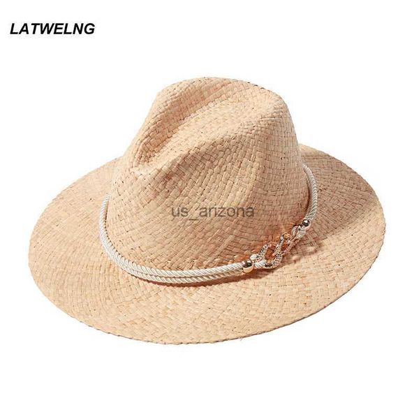 

fashion design acrylic chain decorative straw hat for women british beach hat raffia jazz summer sun hats ladies sunshade l230620, Blue;gray