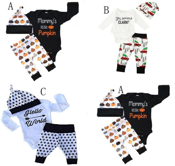 

baby xmas halloween pumpkin outfits kids car christmas tree print hatromperpants 3pcsset children cotton suits 3 styles c24569410030, White