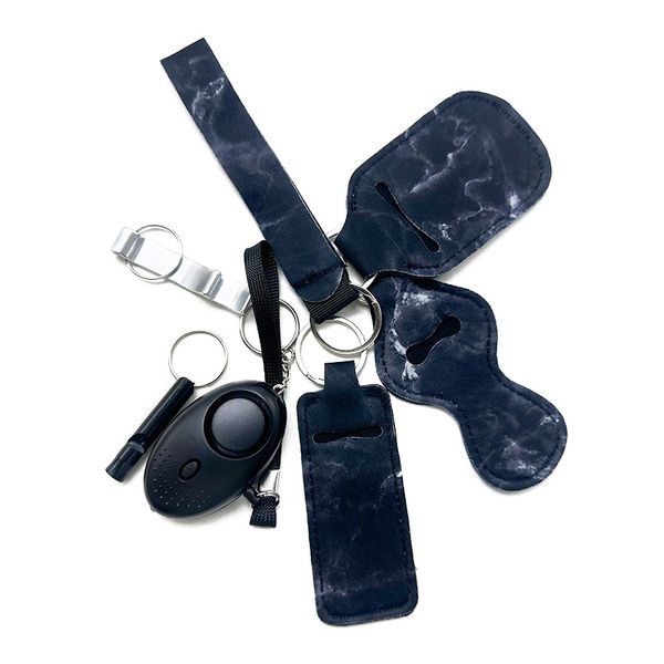 

black 8 color selling self-defence keychain 7-piece wrist strap liquid bottle set alarm whistle opener safety protection keychain, Silver
