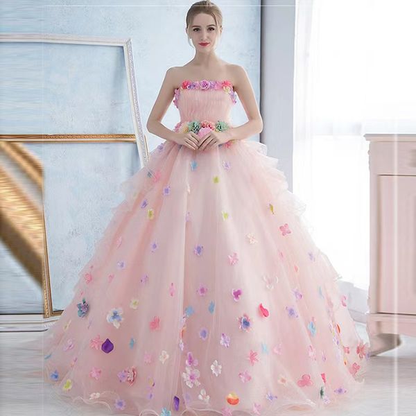 

2023 ball gown prom dresses black girls pink lace applique 3d flowers sweep train formal party evening gowns pageant dress for girl celebrit