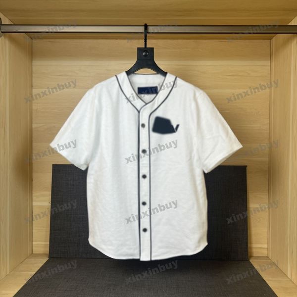 

xinxinbuy men designer tee t shirt 23ss denim letter jacquard shirt baseball short sleeve cotton women white black xs-xl, Black;brown