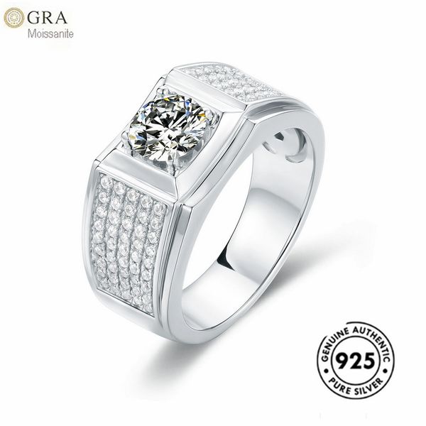 

solid 925 sterling silver rings for men 1ct moissanite diamond gemstone jewelry ready for shipping, Slivery;golden