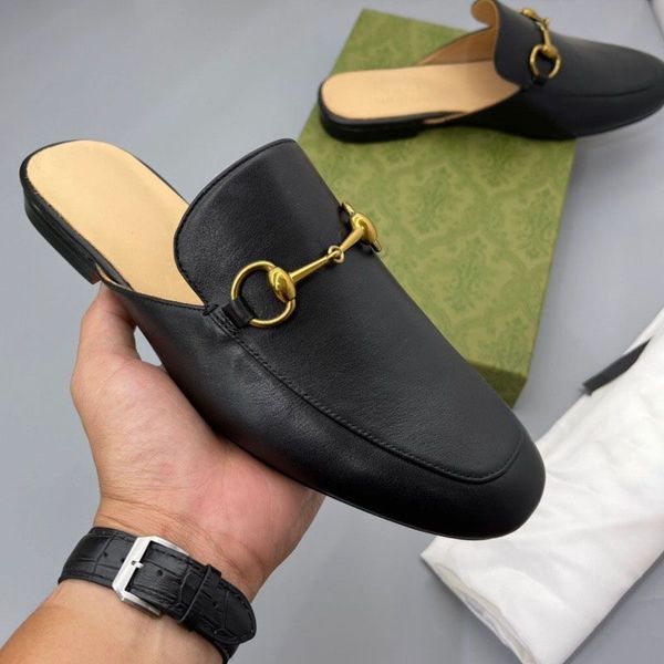 

designer slippers flat heels real leather women leather shoes white black soft leathers casual shoes mules princetown men printed trample la