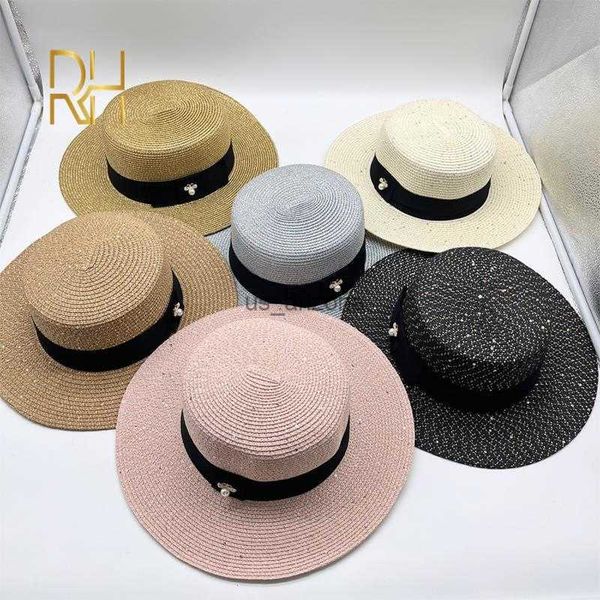

rh women sun boater flat peal bee sequins paper straw hat retro gold ladies fashion sunshade shine caps l230620, Blue;gray