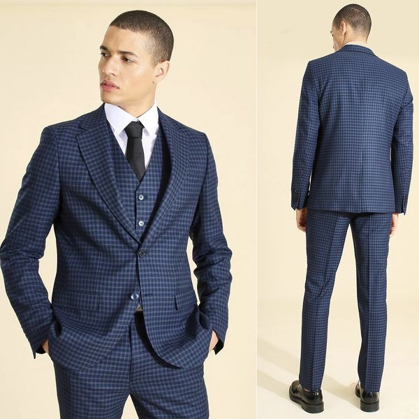 

luxury damier check men wedding tuxedos slim fit peaked lapel groom wear 3 pieces set blazer pants vest formal costume homme, Black;gray