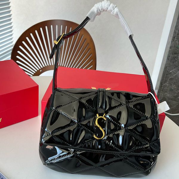 

27.5cm glossy patent leather women designer underarm bag quilted aged gold letter metal hardware buckle adjustable leather strap shoulder ha