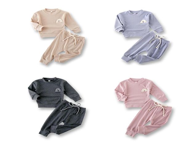 

spring ins baby kids boys girls clothing sets rainbow embroidery long sleeve shirts with straps pants 2pcs boutique outfits9866471, White