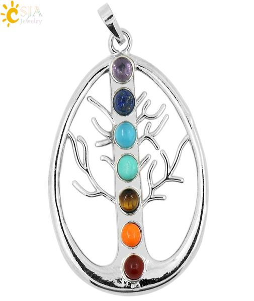 

csja 2pcs health yoga jewelry necklace pendant 7 chakra stone rock beads wisdom tree of life women men positive energy pendant cha7165343, Silver