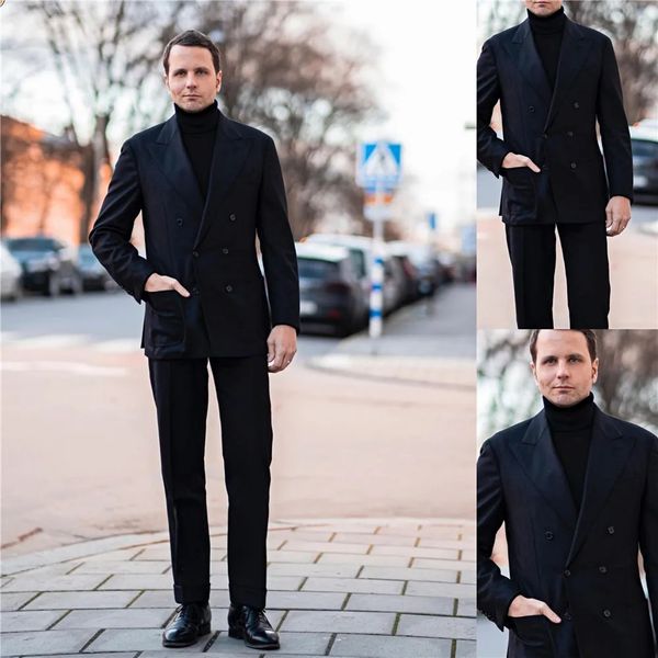 

new handsome men tuxedo groom suits peaked lapel slim fit double breasted business prom party blazer jacket pants, Black;gray