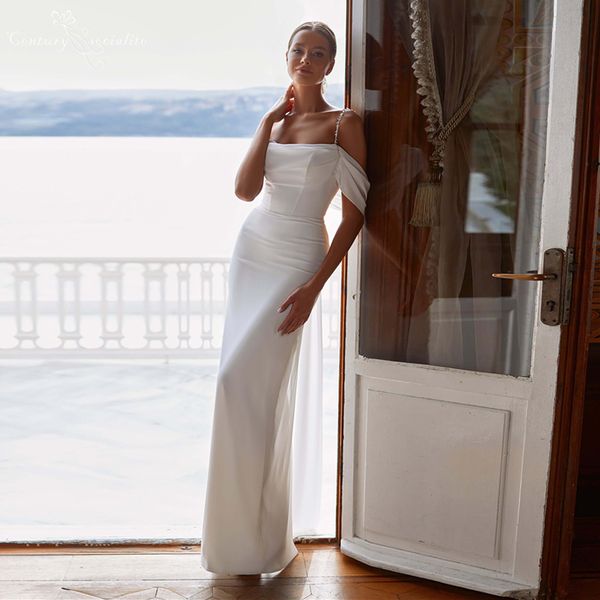 

modern beach wedding dress 2023 beaded straps off the shoulder sheath bridal gowns back slit floor length vestido de mariee, White