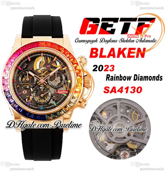 

getf blaken sa4130 automatic chronograph skeleton dial mens watch rose gold rainbow bezel 904l steel black rubber super edition reloj hombre, Slivery;brown