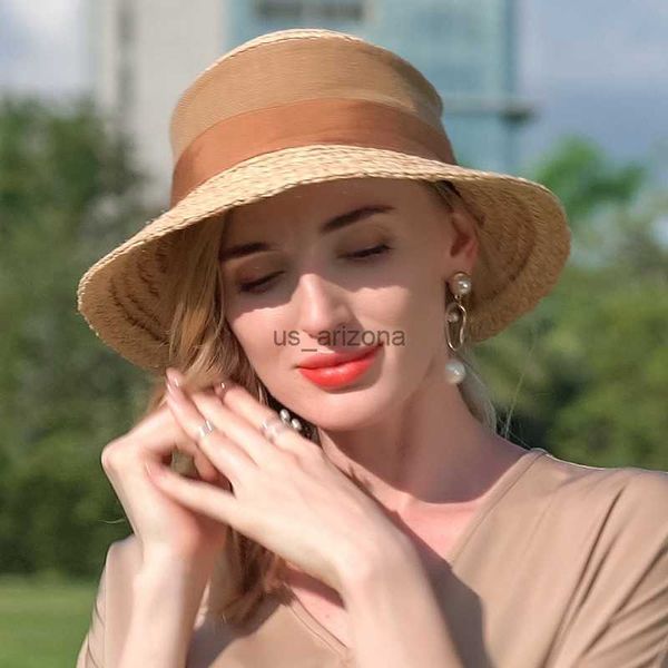 

x4144 lady wide brim sun hat foldable original fashion joker panama cap sunscreen lafite sun hat female summer sun cap l230620, Blue;gray