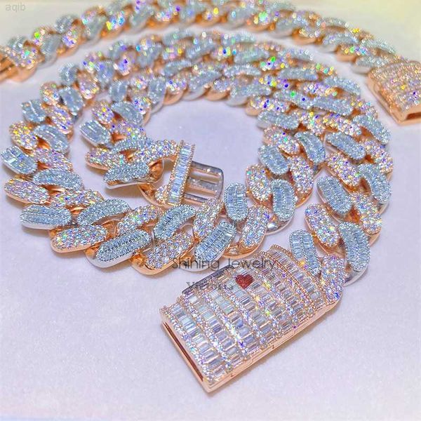 

rose gold 2 tone plated 20mm baguette moissanite diamond tester vvs lab diamond moissanite cuban link chain, Silver