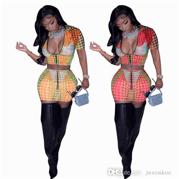 

2023 new fashion womens dress outfits digital printing zipper exposed navel short sleeve skirt two piece set for summer, Gray