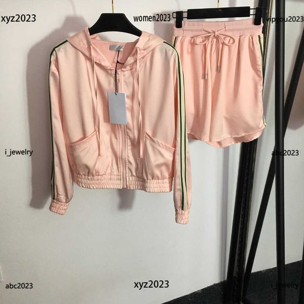 

women tracksuits lady designer sports suit size s-l 2pcs striped webbing hooded zippered jacket and elastic waist shorts, Gray