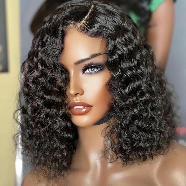 

short curly bob human hair wigs for women brazilian afro natural loose deep wave 5x1 t part lace closure wigs, Black;brown