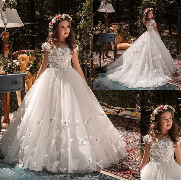 

hand made flower flower girls dresses butterfly beads first communion dress modern design appliqued lace custom made kids pageant dress, White;blue