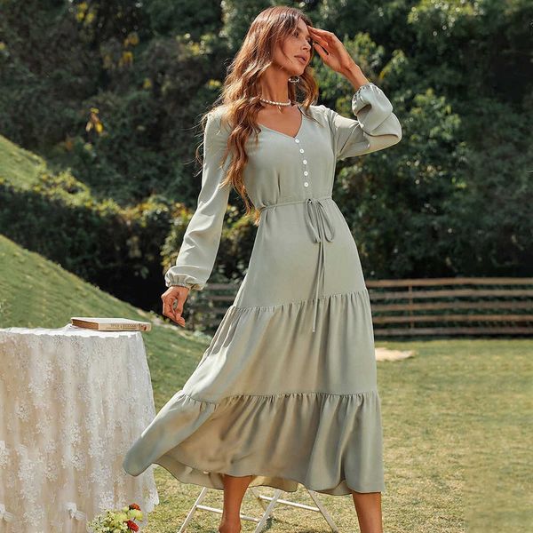 

casual dresse 2023 spring/summer loose relaxed home waist style sleeve ruffled medium long women's dresses women, Black;gray