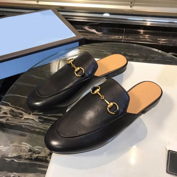 

mules leather slipper 100% real leather designer mules luxury size 34-46 women men jacquard leather slipper jumbo logo canvas flat shoes oxu, Black