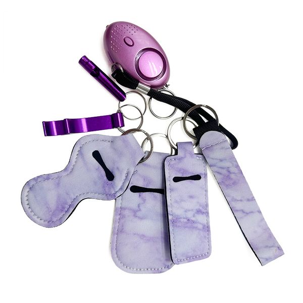 

purple 8 color selling self-defence keychain 7-piece wrist strap liquid bottle set alarm whistle opener safety protection keychain, Silver