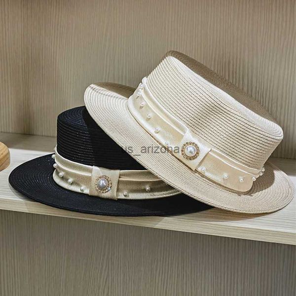 

pearls band canotier hat for women wide brim sun hats woven fine straw hat kentucky derby beach summer hat ladies boater hats l230620, Blue;gray
