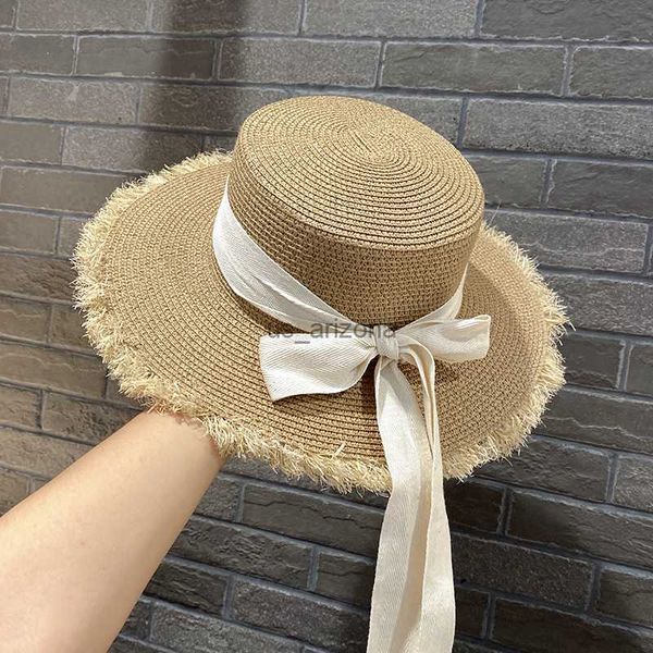 

fur straw hats for women ribbon bowknot sun hat summer beach holiday hat flat hat uv protect travel cap lady cap female l230620, Blue;gray