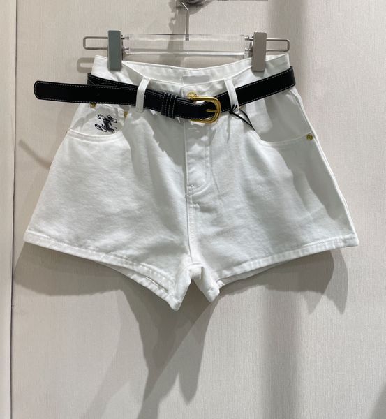 

2023 women luxury design denim embroidery shorts with leather belt casual high waist pocket shorts pants, White;black