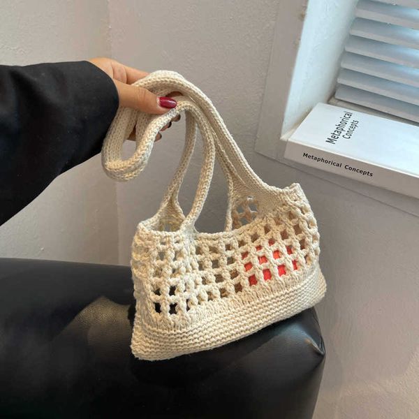 

leisure woolen woven bag finished literary and artistic niche cotton rope woven shoulder bag new fashion hollow out handbag