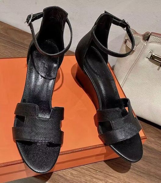 

famous 23s/s legend women sandals shoes calfskin leather black white blue cut-out wedges heel lady wedding,party,dress,evening comfprt walki