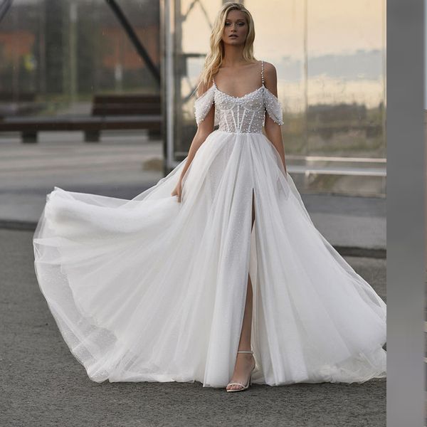 

glitter spaghetti strap pearls wedding bridal dress off shoulder side split bride gown lace up back bohemian vestido de mariee, White